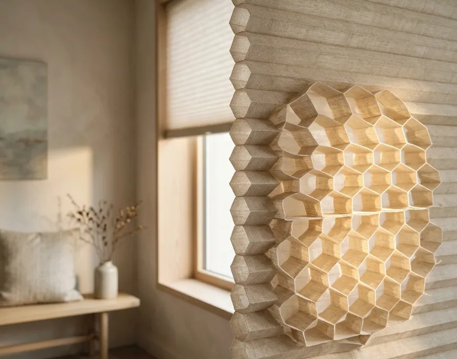 Cellular honeycomb blind showing its insulating air-cell structure