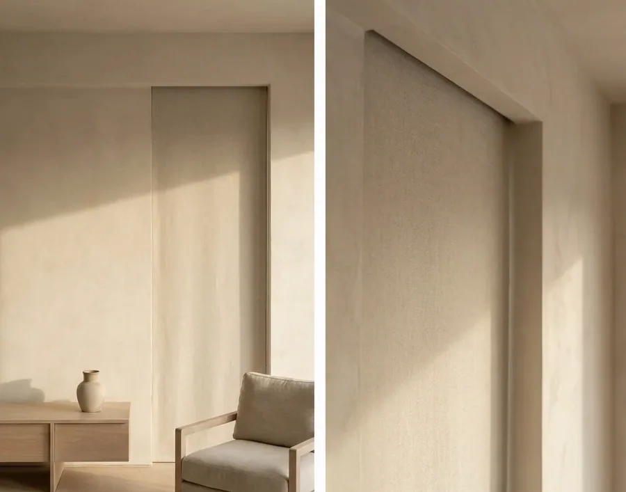 Concealed blind dropping from a recessed ceiling slot in a Steyn City home