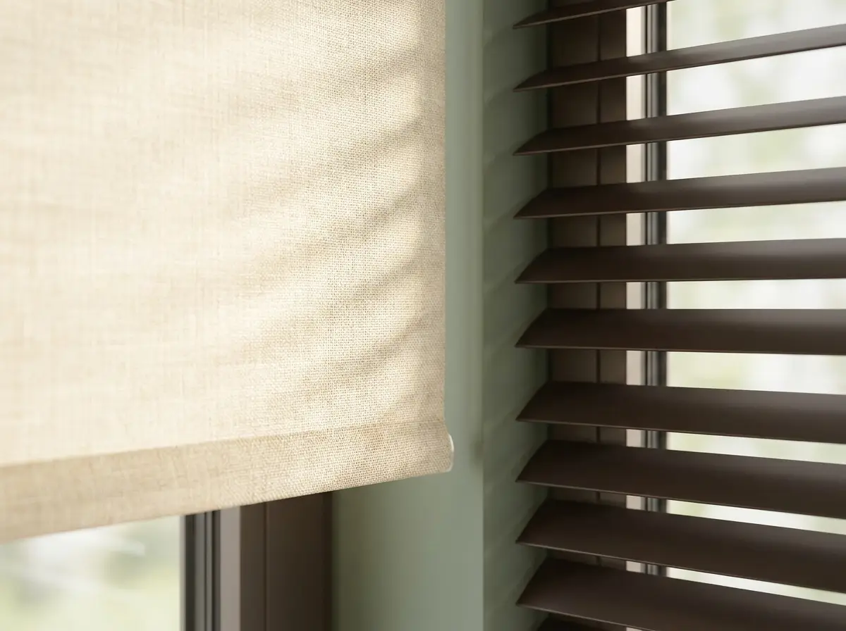 Close-up detail of blind fabric and mechanism in cream and sage tones